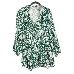 Free People Dress Babydoll Rebecca Womens XS Green White Floral Long Sleeve Boho